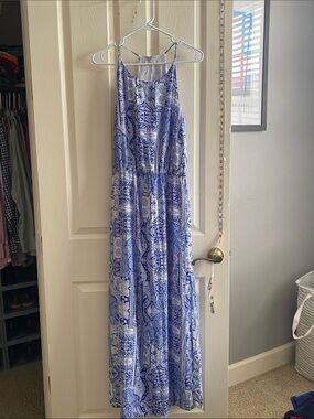 Blue and White Printed Maxi Dress with Spaghetti Straps